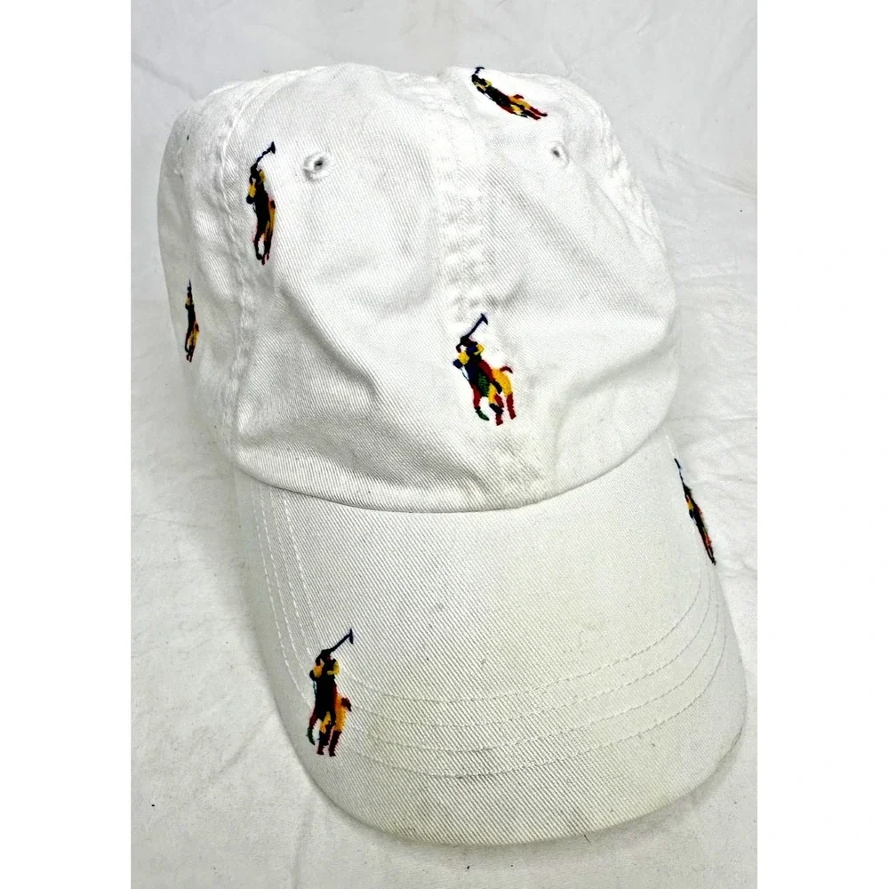 Polo Ralph Lauren Baseball Cap White Rainbow Embroidered Horses Cotton As Is